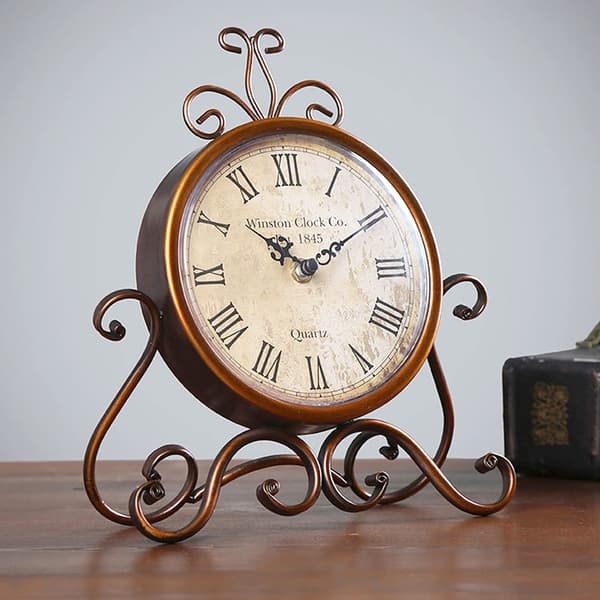 Bordsklockor 28 cm Höjd Tyst Icke Tickande Romersk Retro Konst Skrivbordsklocka för Vardagsrum Sovrum Kontor (Koppar) Brown