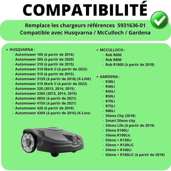 Batterioplader 28V - Husqvarna - Robotplæneklipper 105/310/315X - Universal - Elektrisk - Sort - Perfekt