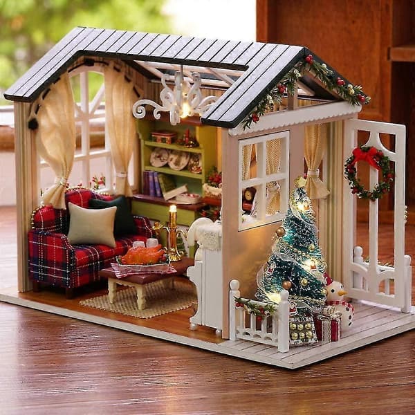 Gör-det-själv Jul Miniatyr Dockhus Kit Realistisk Mini 3D Trähus Sovrum Hantverk Med Möbler LED-lampor[zd]