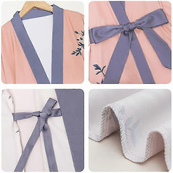 Lang silke kimono badekåbe til kvinder, blomstret, silkeblød satin, let, blød og behagelig morgenkåbe til damer, loungewear, lyserød TA