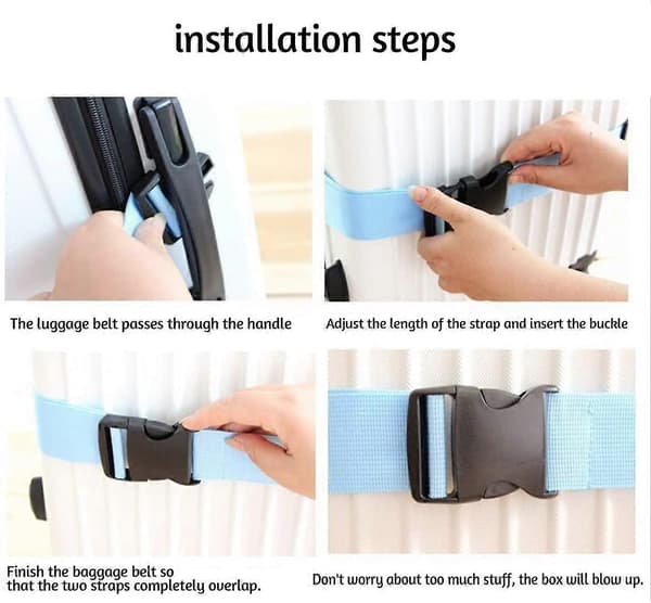 Kraftig bagagerem 4-pack justerbara resväskebälten resetillbehör 74" X 1.9" (blå)