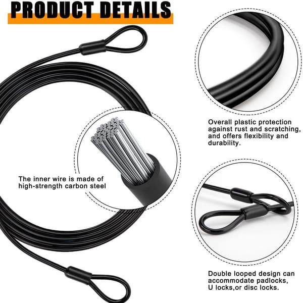 [zd]2M Cykellåskabel Kraftig Kabel Säkerhetskabel med PVC-belagd Dubbelring 4mm Tjocklek PVC-belagd Hänglås Rund U-lås
