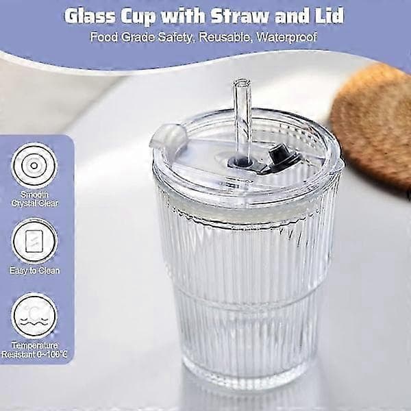 Glasmugg med lock och sugrör, 400 ml räfflad kopp, set om 2