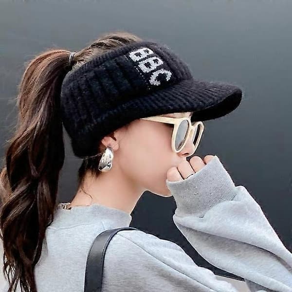 Beanies Dame Efterår Og Vinter Strikkede Uldhatte Dame Morgenløb Sport Plus Fløjlsørekopper Mode Tom Tophat Black 55-59cm