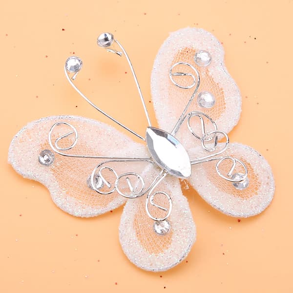 24 stk. Sheer Mesh Wire Glitter Sommerfugl Bryllupsfest Klær Dekorasjon DIY Tilbehør Hvit