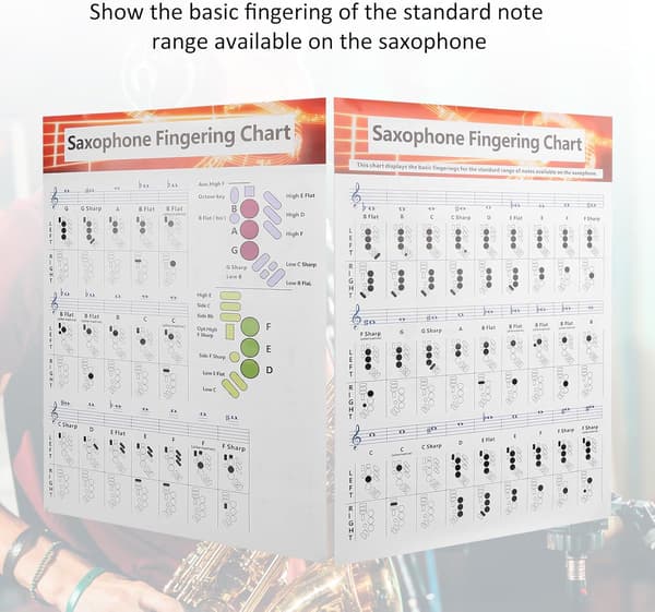 Saksofon Nybegynnerguide Saksofon Greptabell Plakat, Blåse- og Treblåseinstrumenter Saksofon Greptabell Grunnleggende Guide Øvelsessammenligning