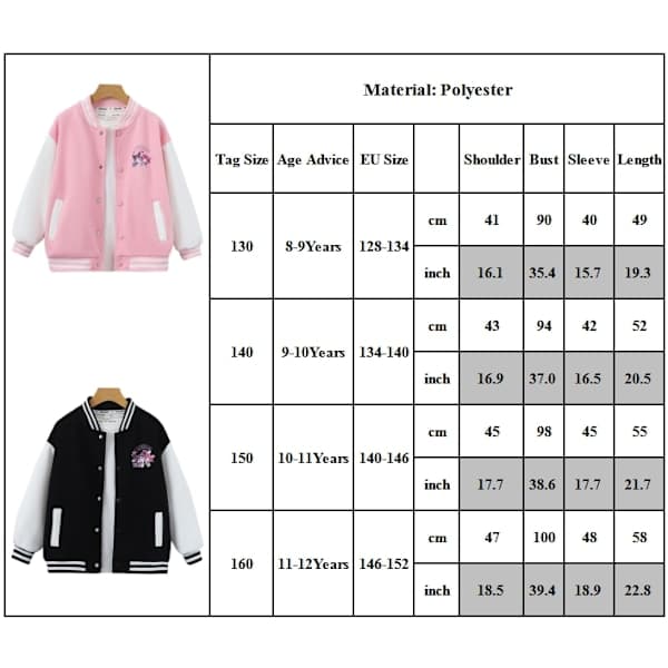 Barn Flickor Kuromi Jacka Uniform Ledig Lös Knäppning Baseballjacka Ytterkläder Svart 130cm