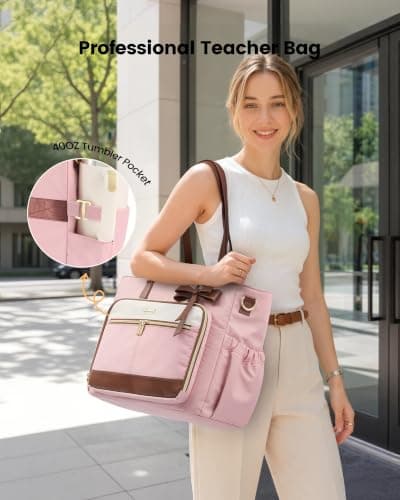LOVEVOOK Lærertaske til kvinder, arbejdscomputertaske, computermappe Pink-beige-brun Pink-beige-brown 15.6 in