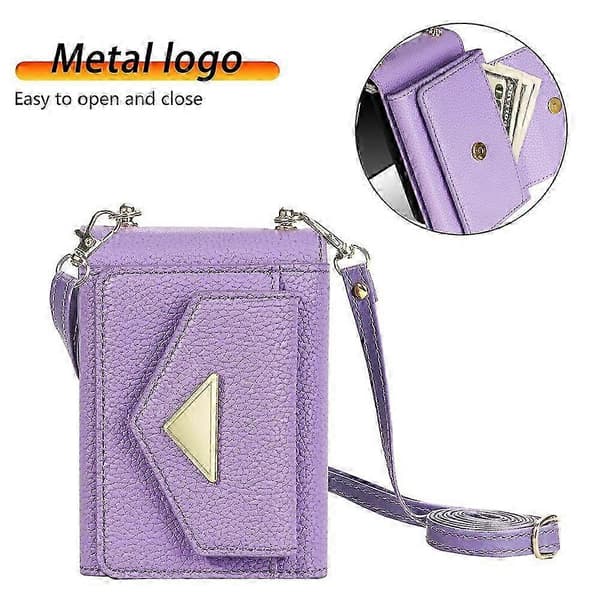 Compatible with Samsung Galaxy Z Flip7 5G Case Card Slots PU + PC Phone Case with Long Strap Purple