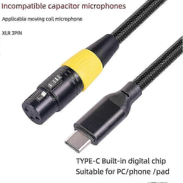 USB C til XLR hunnkabel Type C hann til 3-pinners XLR hunn mikrofon datamaskin lyd datakabel 3 Black yellow