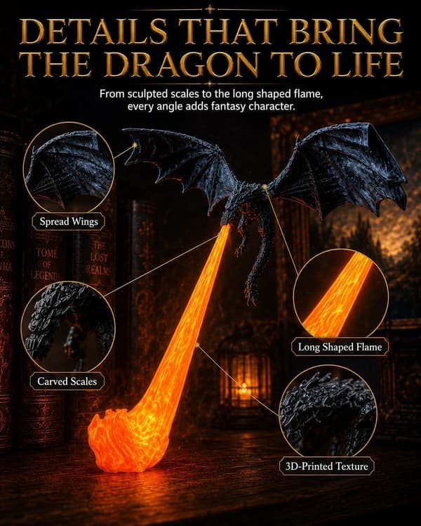 Dragon Book Lamp, 3D Printed Flying Fire-Breathing Bookshelf Decoration | Winged Dragon Large and Small Options RED Flame RED Flame L