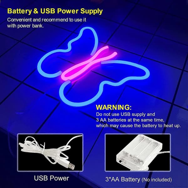 Fjäril Neon Skyltar Lampor för Sovrum Väggdekor, USB eller Batteri LED Neon Nattlampa Väggdekoration (Blå/Rosa)