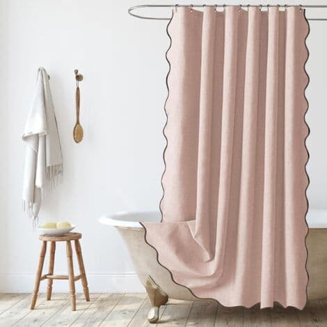 Mønstret linned badeforhæng 180x180cm, vandtæt og vaskbart, skimmelresistent, til badeværelset med ringe, lyserød