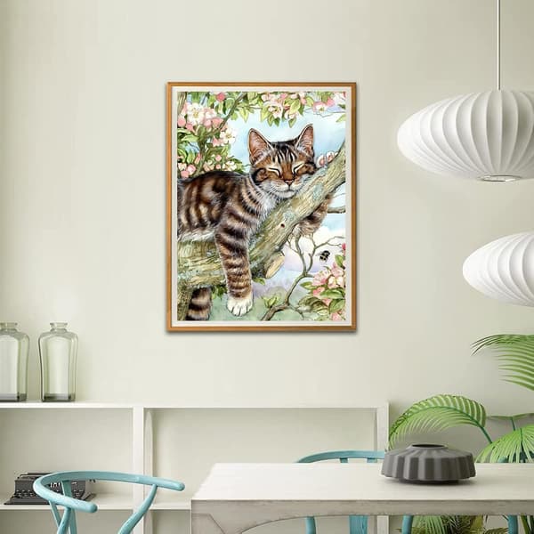 Diamantmålning Kattkit, Sovande Katt Diamantkonstkit, Rund Diamant Trädmålning Present, Väggdekoration 12x16