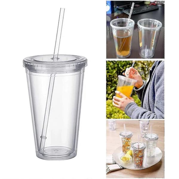 Plastmugg för resor med sugrör, dubbelväggig förseglad transparent plastmugg för fruktjuice, smoothie, hög kvalitet