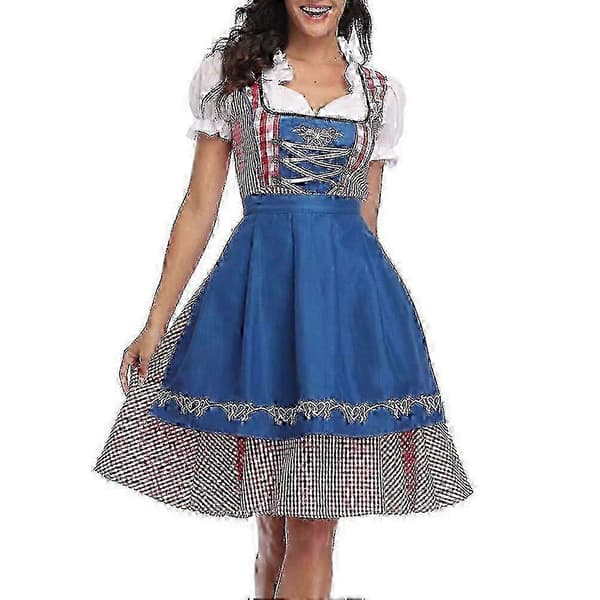 Tysk Oktoberfest Dirndl-kjole med forklæde til kvinder Cosplay-kostume A 2025 Grå Blå Gray  Blue S