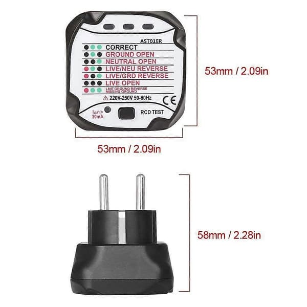 AST01 Stikkontakttester, GFCI Strømuttakstester Automatisk Elektrisk Kretsdetektor (220V EU-plugg)