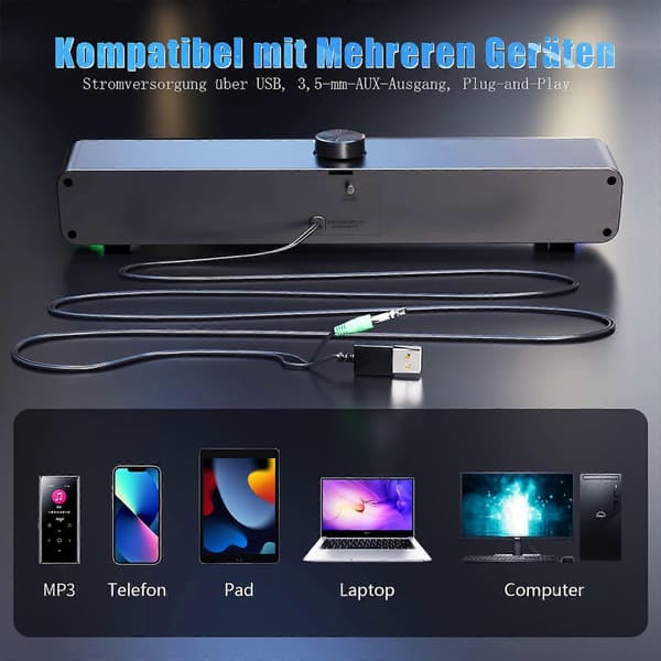 USB Computerhøjttaler, Desktop Soundbar, PC-højttalere Plug and Play