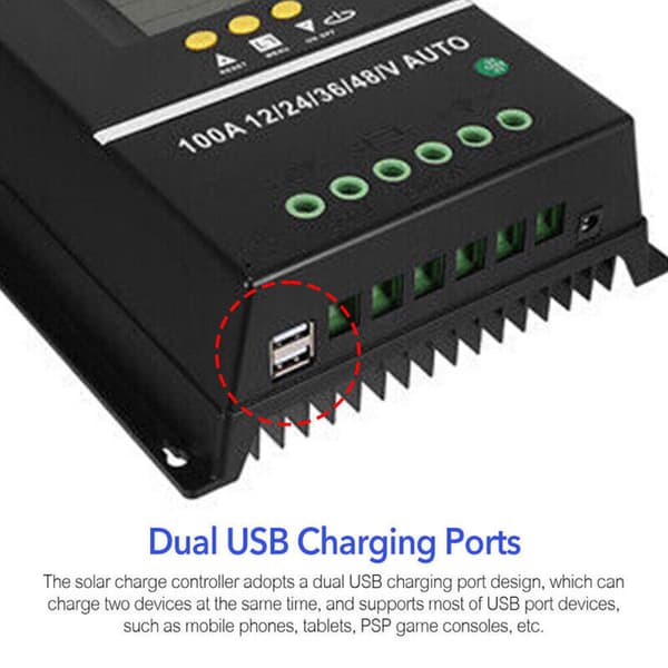 100A MPPT Solar Charge Controller 12V 24V 36V 48V PV Batteri Regulator Dobbelt USB