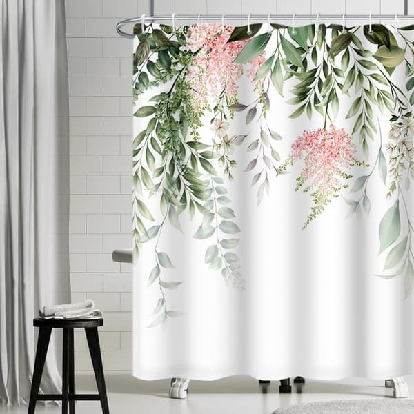 Grønne Blader Dusjforheng, Eukalyptus og Rosa Blomst Dusjforheng, Anti-Mugg Vanntett Badeforheng, Vaskbart Polyester Stoff Baderomsforheng