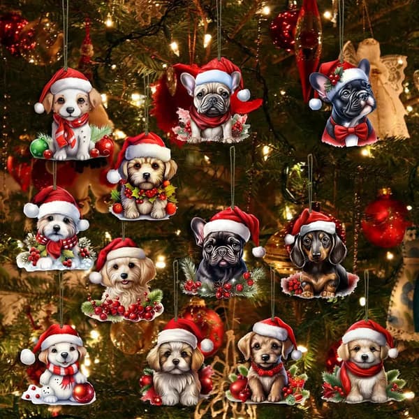 12-delars Jul Hund Prydnadsset Trä Juldekorationer Perfekt Presentidé Julgransprydnader 12-piece set 12-piece set