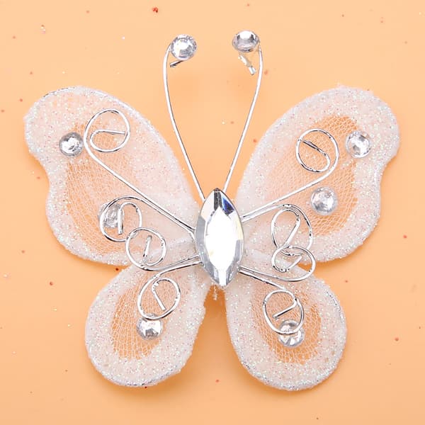 24 stk. Sheer Mesh Wire Glitter Sommerfugl Bryllupsfest Klær Dekorasjon DIY Tilbehør Hvit