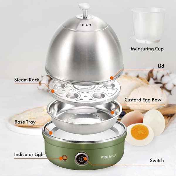 Elektrisk eggkoker med automatisk avstenging, rustfritt brett, kurv, vintage grønn