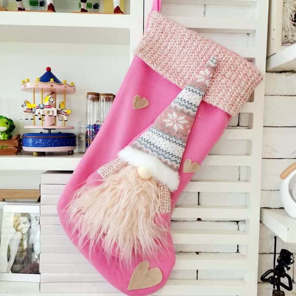 (45*23cm) Pink Julemandssok Gnom Tomte Dværg Svensk Julemand Julepose til Juletræspynt Ild