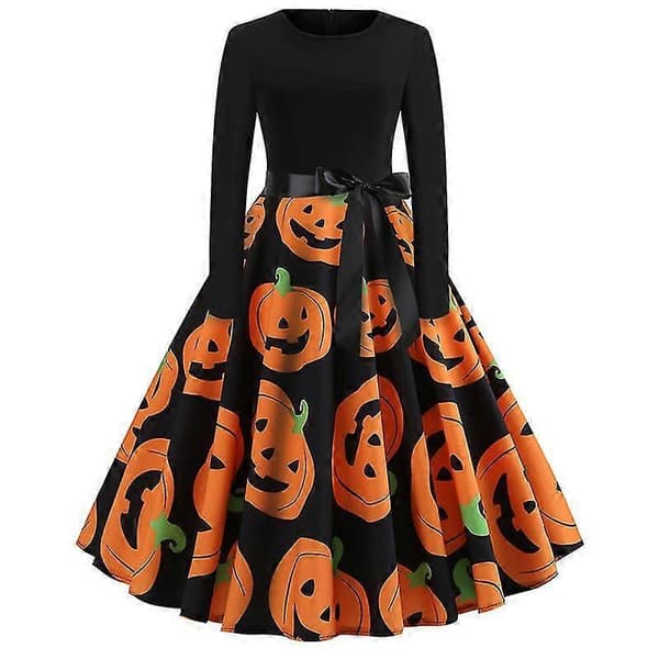 Halloweenklänning Dam Långärmad Klänning Dödskalle Pumpa Tryck Cosplay Party Kostym M