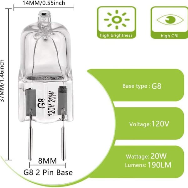 [zd]G8 Halogenpærer 20W 120V - Varmhvitt Lys - Pakke med 20