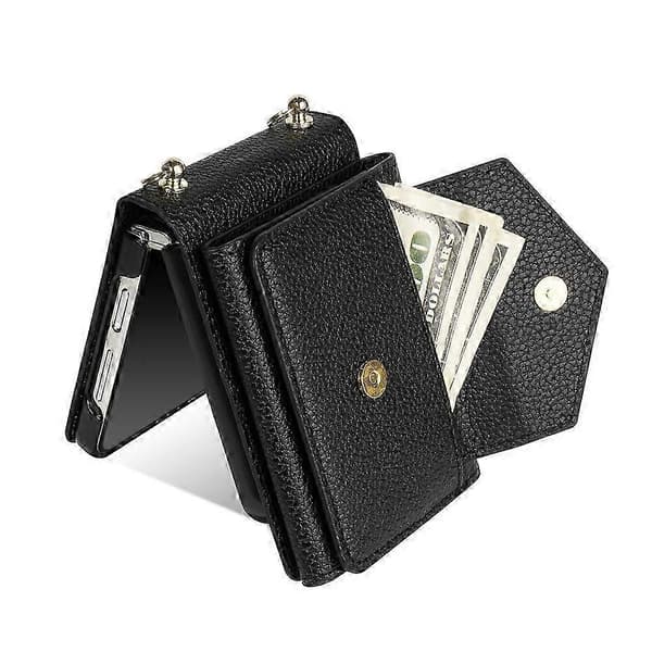 Compatible with Samsung Galaxy Z Flip7 5G Case Card Slots PU + PC Phone Case with Long Strap Black