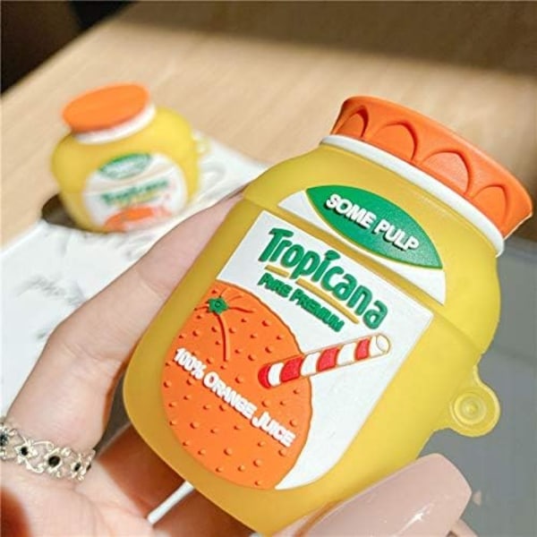 [QD] Søtt etui for AirPods 2./1. generasjon, 3D Trojuice Drink Design Silikonetui Beskyttende Støtsikkert Etui med Nøkkelring for AirPods EaREuds