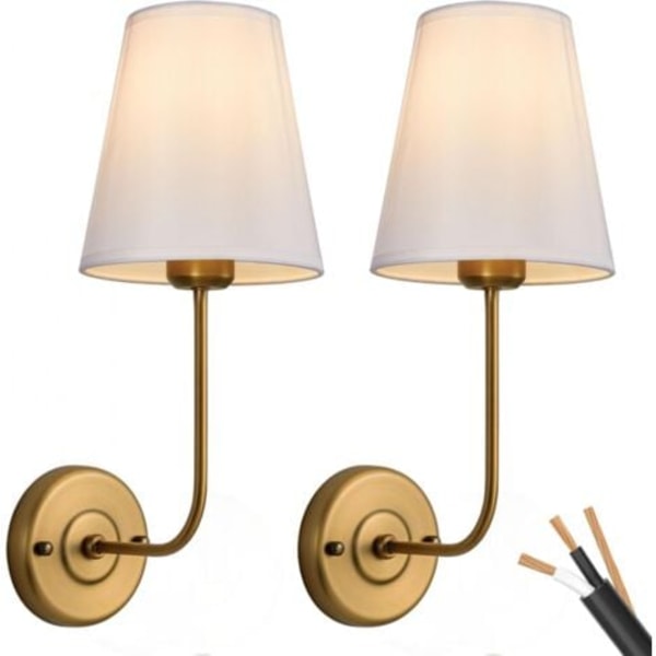 QU/Væglampe til soveværelse, sæt med 2 vintage antikke messing væglamper med jernstofskærm, sengelamper