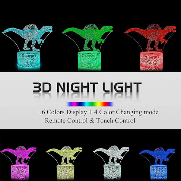Dinosaur 3D Nattlampe Spinosaurus Illusjon LED Sengelampe 16