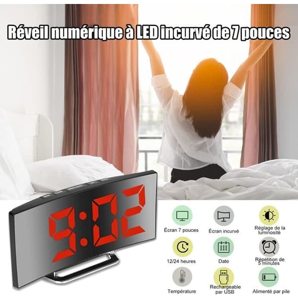 /QD/Digital väckarklocka - Ospecificerad - 7'' LED Spegel - 2 ljusstyrkor - USB-laddning - Batteridrift