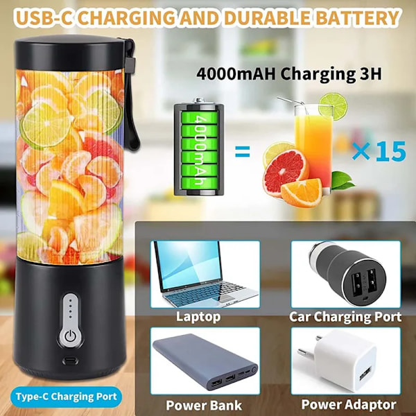 QU.USB Uppladdningsbar Portabel Mini Blender Mixer 450ML 4000Mah Smoothie Mixer BPA-fri, För Grönsaksjuice Milkshake
