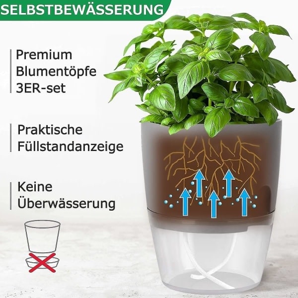 HHL Krydderhagesett Vinduskarm Automatisk Vanningssystem 3-Delt Kjøkkenhage, 18,2x 11x 15,3 cm, Egnet for Ferske Krydder, Grå˜QD