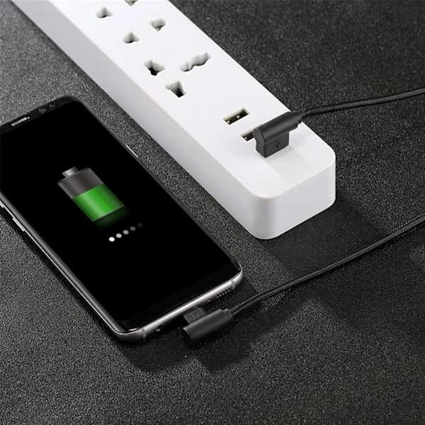 1 stk. 2 m svart Android vinklet flettet datakabel, nylon USB-ladekabel