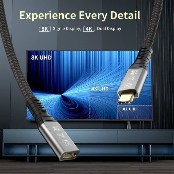 \"QD\" Thunderbolt 4 Forlengelseskabel, USB-C Kabel til USB C Hann til Hunn, Støtter 8k/5k@60hz Video / 40gbps Dataoverføring / 100w Lading (0,8m)