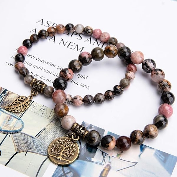 \"QD\" Naturstensarmbånd - Damearmbånd med naturlige perler - Sæt med to armbånd med livets træ og bladeaccessoarer
