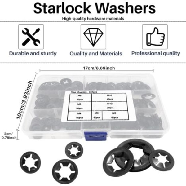 #QD#340 stk M3/M4/M5/M6/M8/M10/M12 Låseskiver med æske Starlock indvendige tænder Låseskiver Sikkerhedsskiver Sortiment Sort