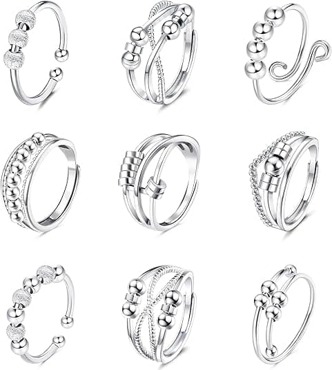 9 Pieces Anxiety Rings for Women and Men, Adjustable Stackable Spinner Rings with Beads for Stress Reduction Silver - B