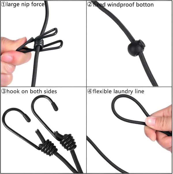 Bærbar tørresnor, 1,8 m med 12 clips, elastisk, udtrækkelig, sort