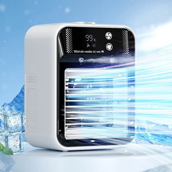 Bærbar 4-i-1 Luftkøler & Luftfugter – Mini AC med LCD-display, 2 Hastigheder, USB & Genopladelig Ventilator