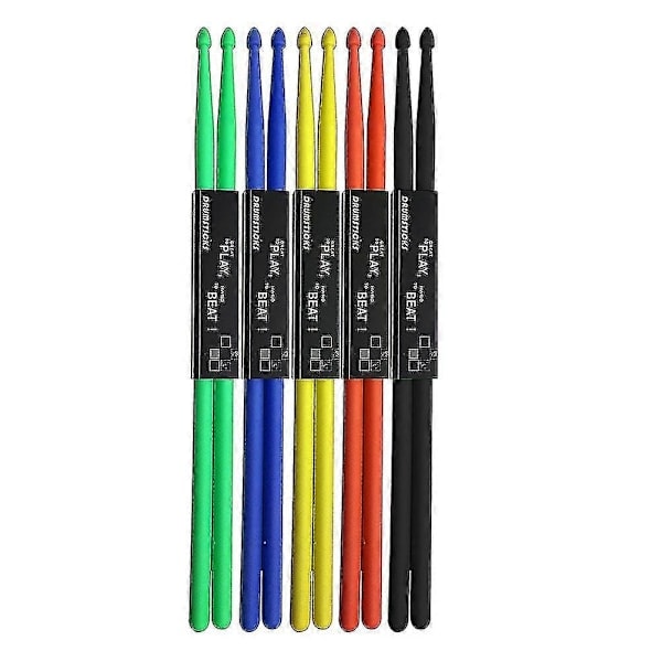 \"QD\" 5 Par Nylon Trumstockar Set Träspets Trumstock Percussion Lättvikt (Gul Röd Grön Blå Svart)