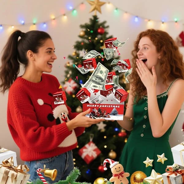 Jul Pop-Up Presentaskar - Vikbara Röda Julkuvert Elastiska Askar, Återanvändbara Julaskar (24 Pop-Up Askar + Presentask + Presentpåse)