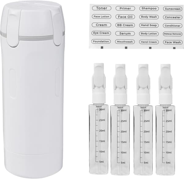 4-i-1 Resedispenserflaskor Påfyllningsbara Läckagesäkra Toalettartiklar för Schampo och Lotion 4 x 30 ml Vit