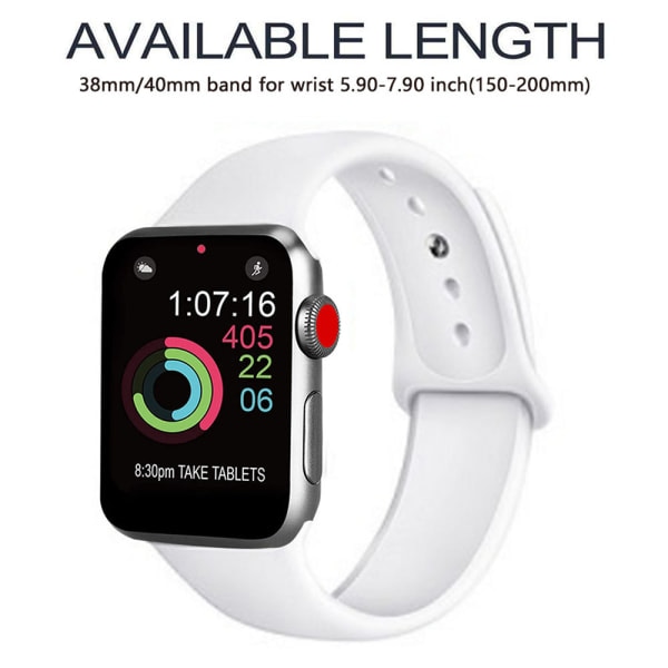 [QD] Sportband kompatibelt med klocka 38-40 mm, mjukt silikonarmband som ersätter originalet, kompatibelt med iWatch Series 5/4/3/2/1, S/M, M/L - Vit