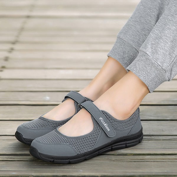 Womens Magic Tape Casual Shoes Flats Kardborreband Mammas Sandal Mesh Dark Gray Dark Gray 35