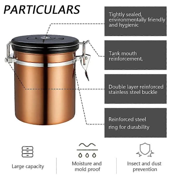 Kaffeopbevaringsbeholder Lufttæt Vakuumforseglet Rustfrit Stål Med Datatracker Til Kaffebønner Malet Kaffe 1.5L Bronze style7283